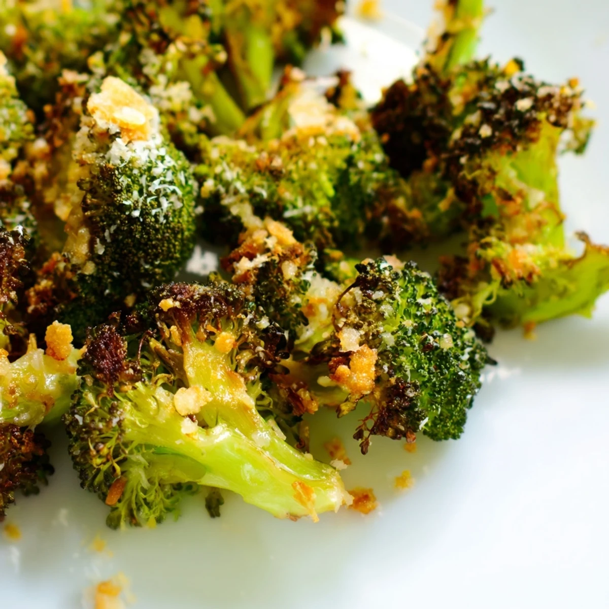Close-up of tender roasted broccoli with garlic and Parmesan, highlighting crispy edges and a savory, cheesy finish.