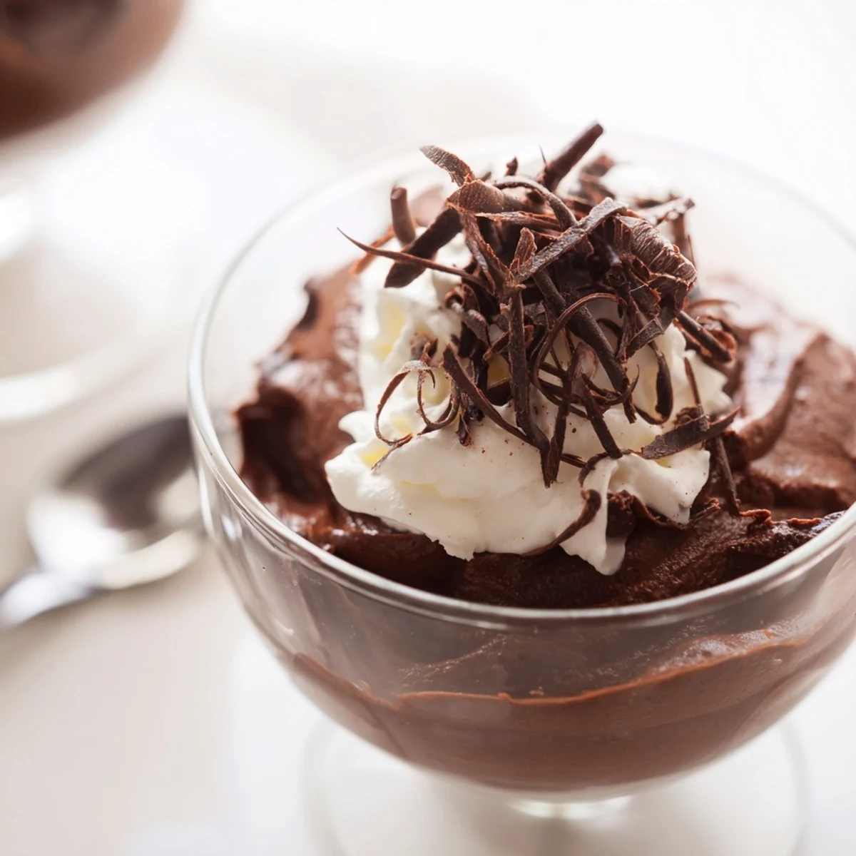 Creamy chocolate mousse with whipped cream dollops and dark chocolate shavings served in elegant glasses.