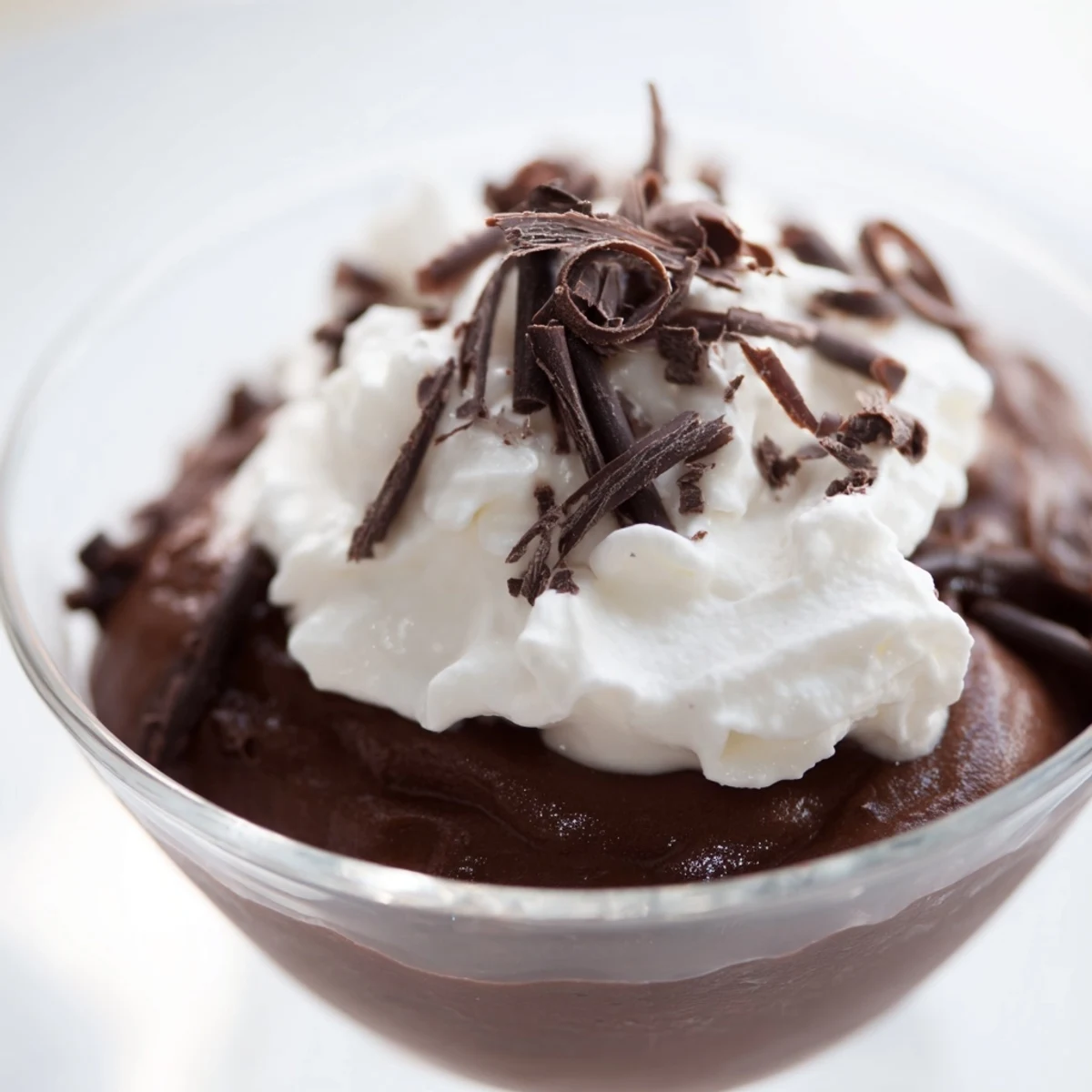 Rich chocolate mousse with light whipped cream and chocolate shavings, a decadent dessert for any occasion.