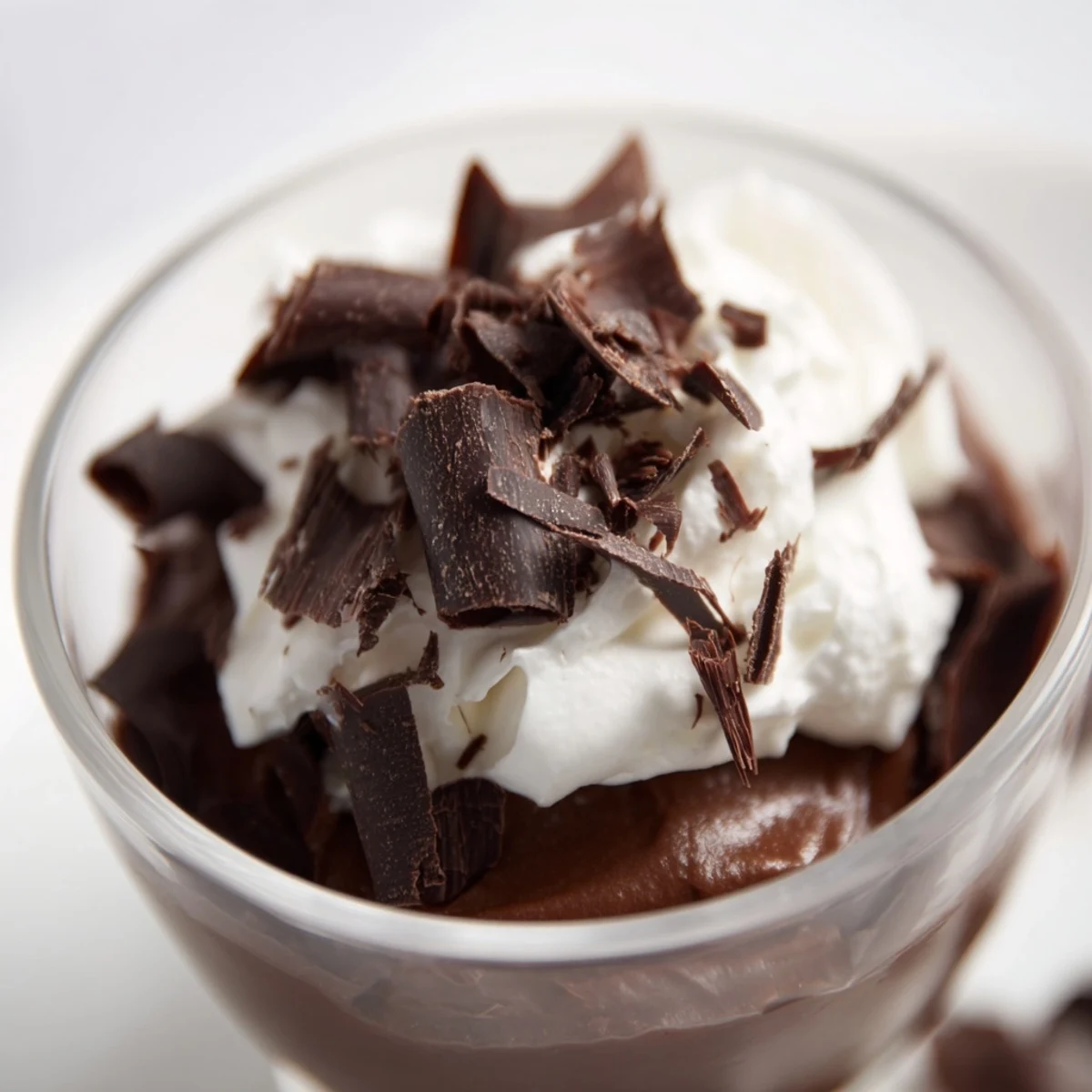 Velvety chocolate mousse topped with fluffy whipped cream and delicate curls, ready to chill and serve.