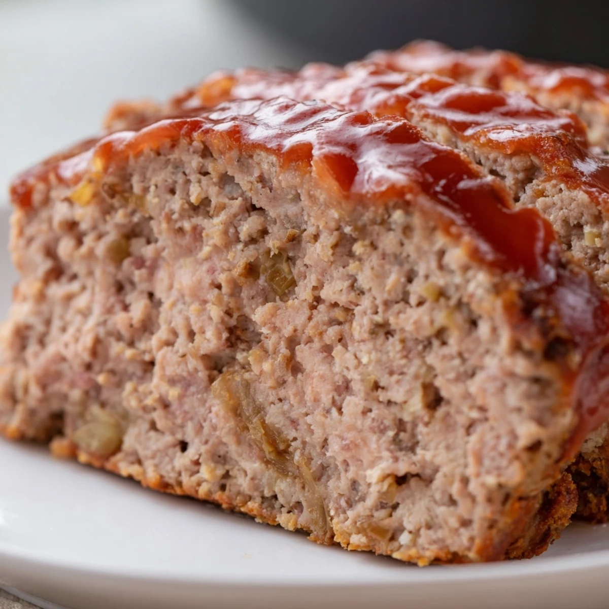 A freshly baked turkey meatloaf with brown sugar glaze, glistening and topped with caramelized ketchup.  