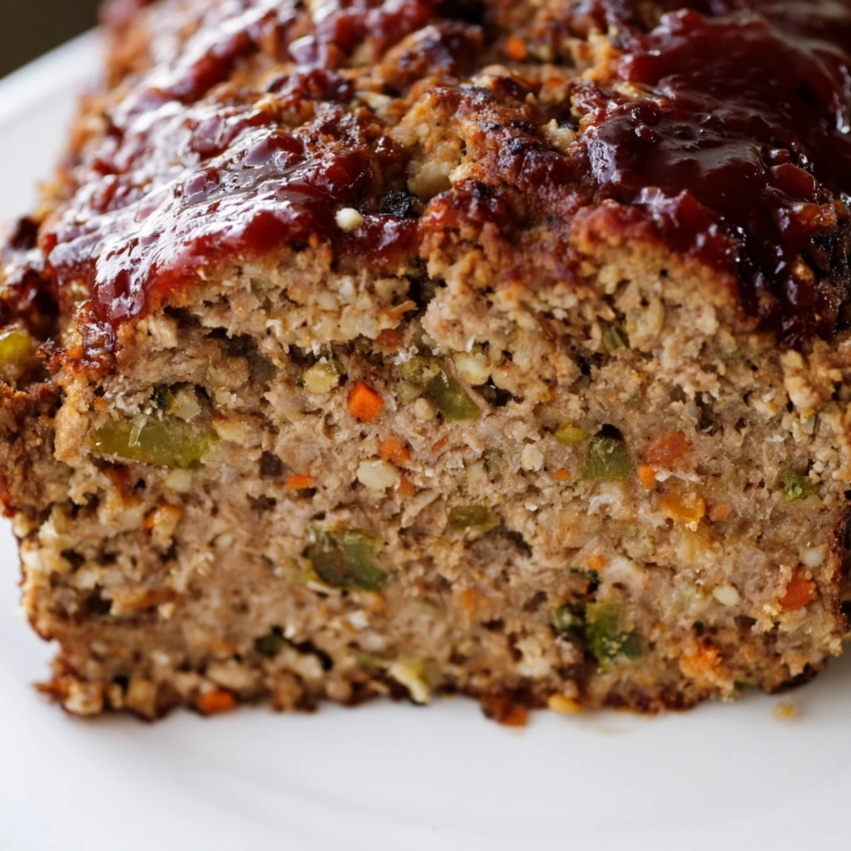 Golden-brown turkey meatloaf with brown sugar glaze, served on a platter with mashed potatoes and green beans.