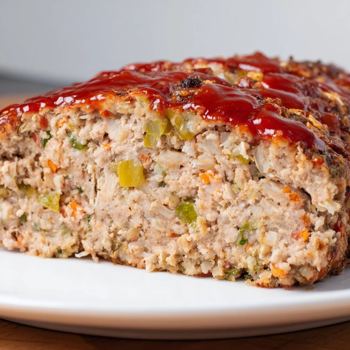 Moist turkey meatloaf with brown sugar glaze, sliced to reveal juicy interior and finely chopped vegetables.  
