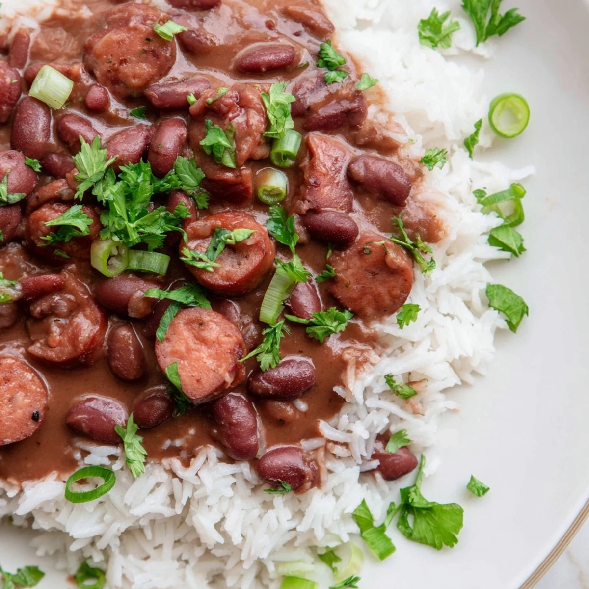 Steaming Creole Red Beans and Rice served in a rustic bowl with halal smoked sausage and fresh parsley garnish.