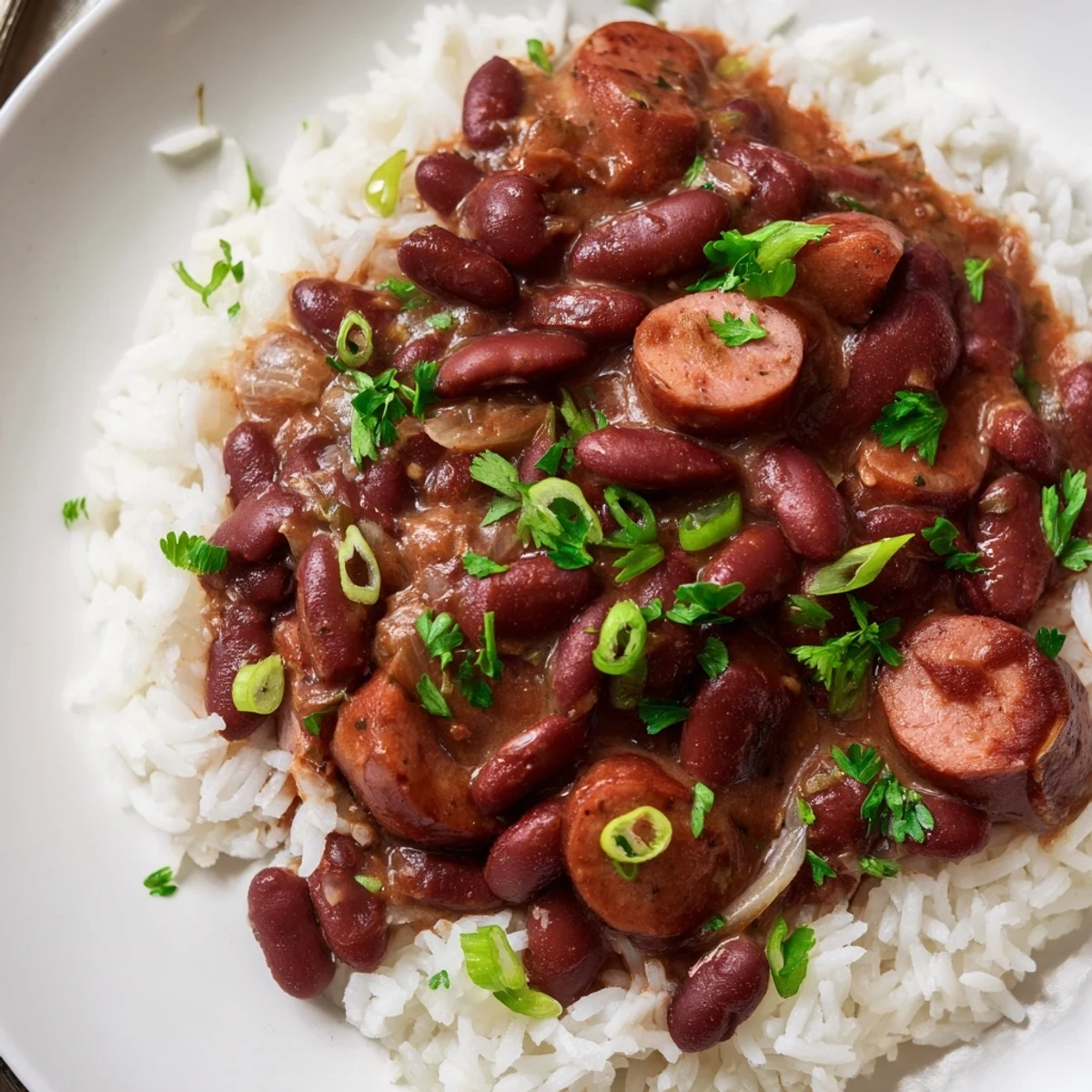Fluffy white rice topped with Creole Red Beans and Rice, bright green onions, and a drizzle of hot sauce.