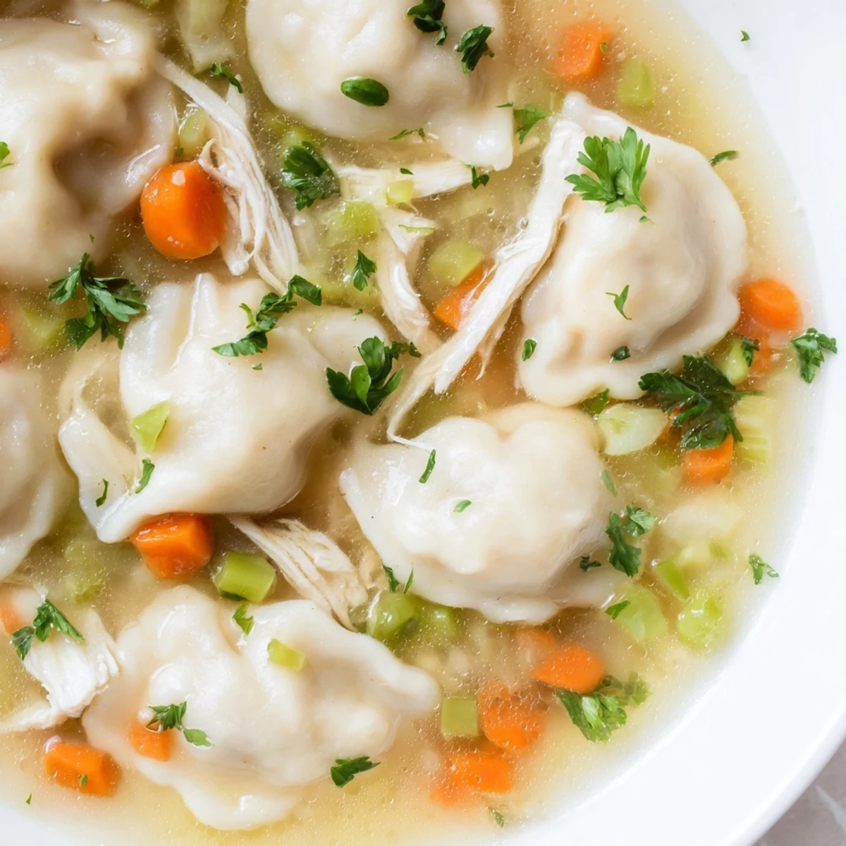 Steaming Chicken Soup with Fluffy Dumplings in a rustic bowl, garnished with fresh parsley and served with a spoon.