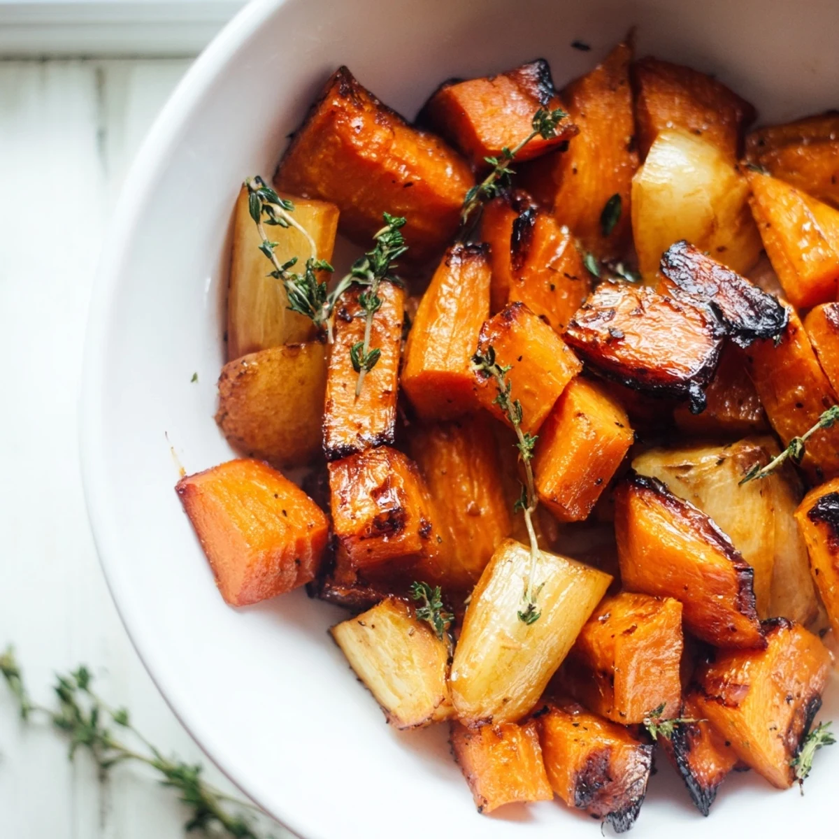 Roasted Roots with Thyme, featuring golden-brown carrots, parsnips, and sweet potatoes glistening with olive oil and fresh herbs.