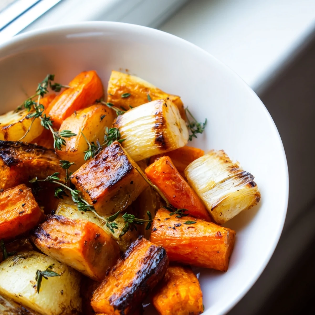 A close-up of roasted roots with thyme, showing caramelized edges on beets and rutabaga on a rustic baking sheet.