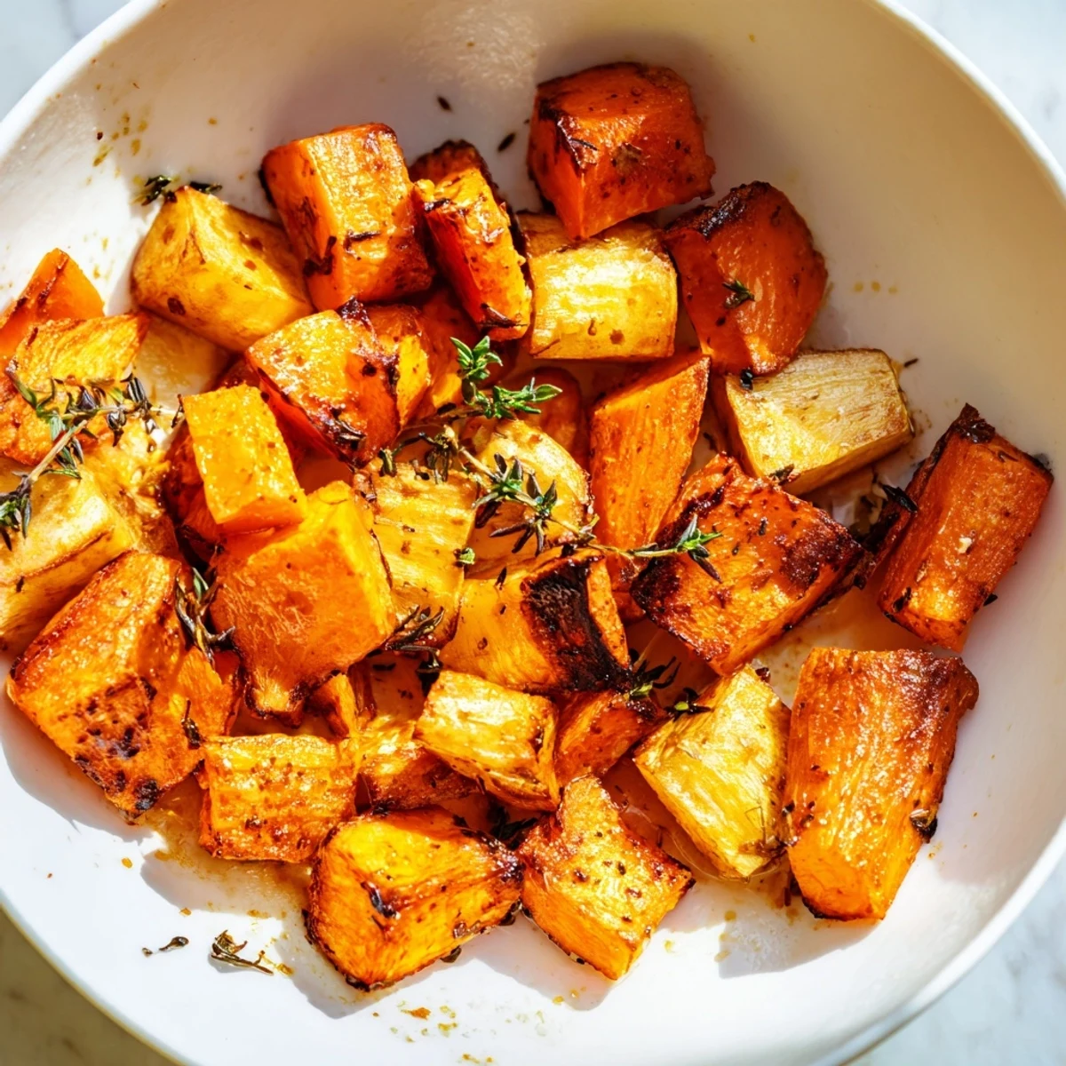 Serving suggestion for Roasted Roots with Thyme, a colorful side dish plated next to roasted chicken or a grain salad.