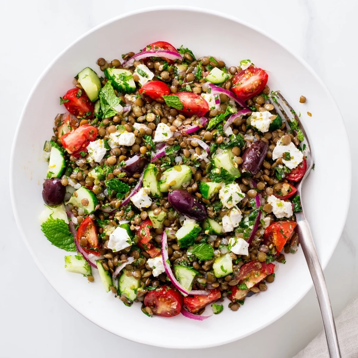 Fork-tender green lentils mingle with crisp cucumber, cherry tomatoes, and briny Kalamata olives in this vibrant Mediterranean Lentil Salad.