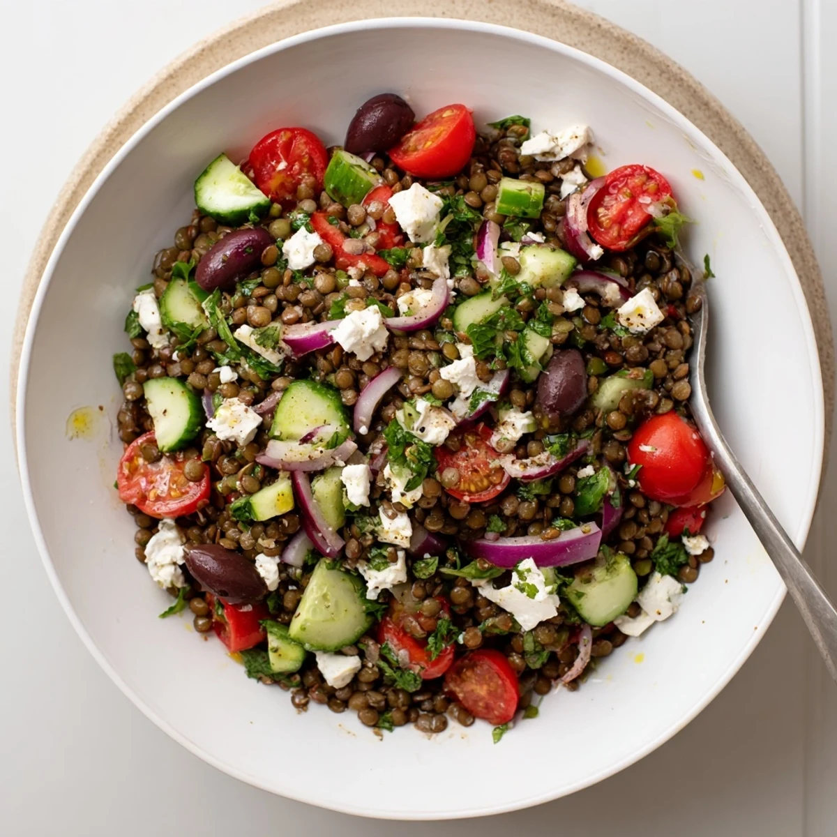 Serve this chilled Mediterranean Lentil Salad over peppery arugula, or alongside grilled chicken for a light yet satisfying dinner.
