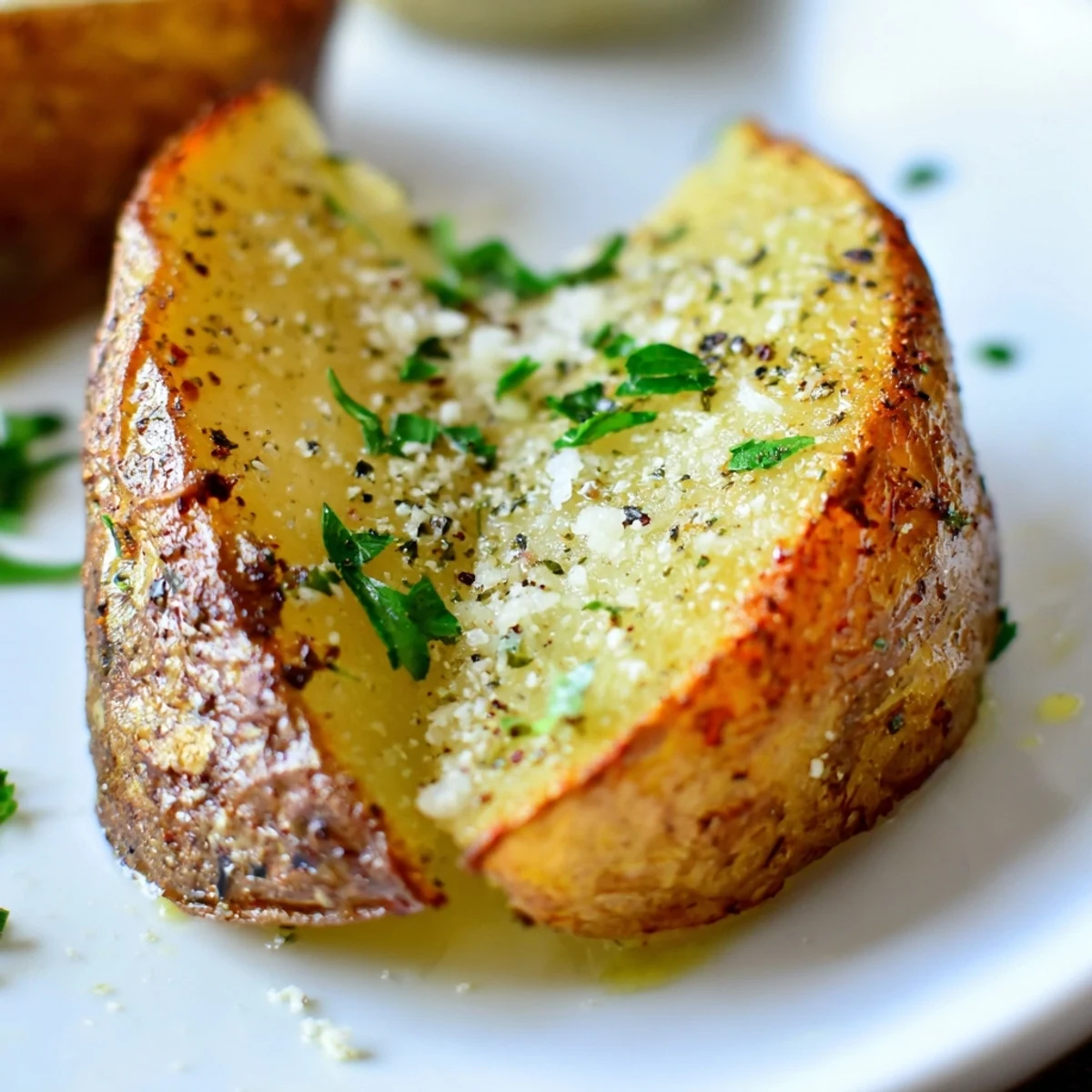 Golden, crispy oven baked potato wedges with seasoned edges and fluffy centers, served alongside ketchup and aioli on a plate.  