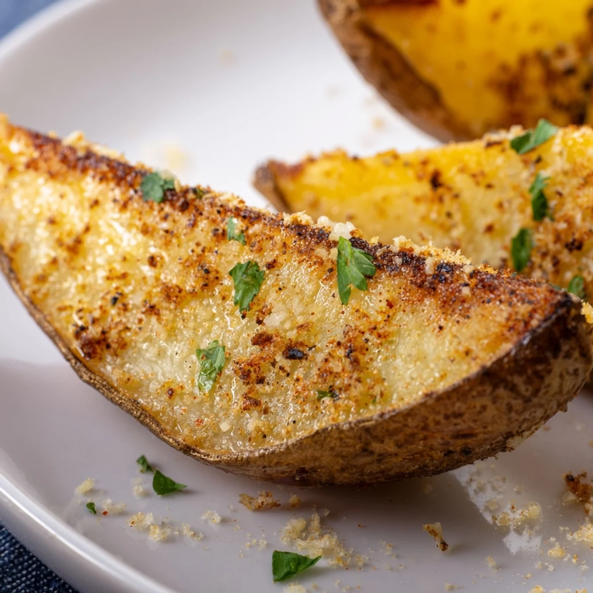 Homemade crispy oven baked potato wedges arranged on a parchment-lined baking sheet with smoky paprika seasoning.