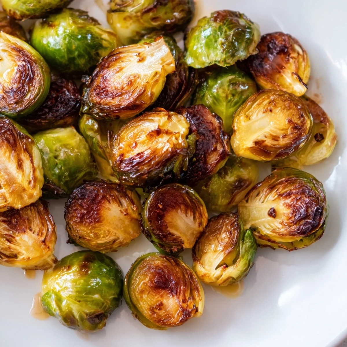 A close-up of crispy, roasted Brussels sprouts with honey drizzle, ideal for a holiday side dish.