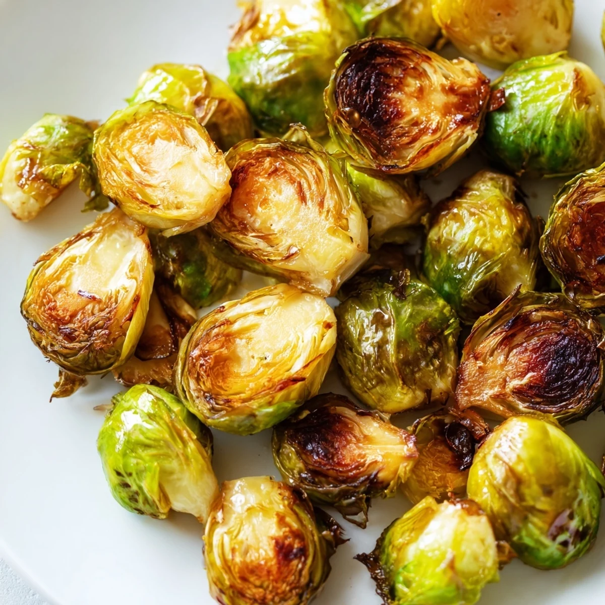 Golden roasted Brussels sprouts with honey, caramelized edges glistening on a white plate, ready to serve.