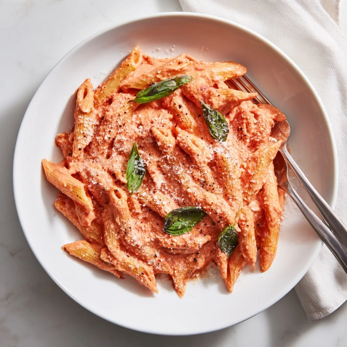 Creamy Tomato Basil Pasta served in a shallow bowl, topped with freshly torn basil leaves and a generous dusting of grated Parmesan cheese.  
