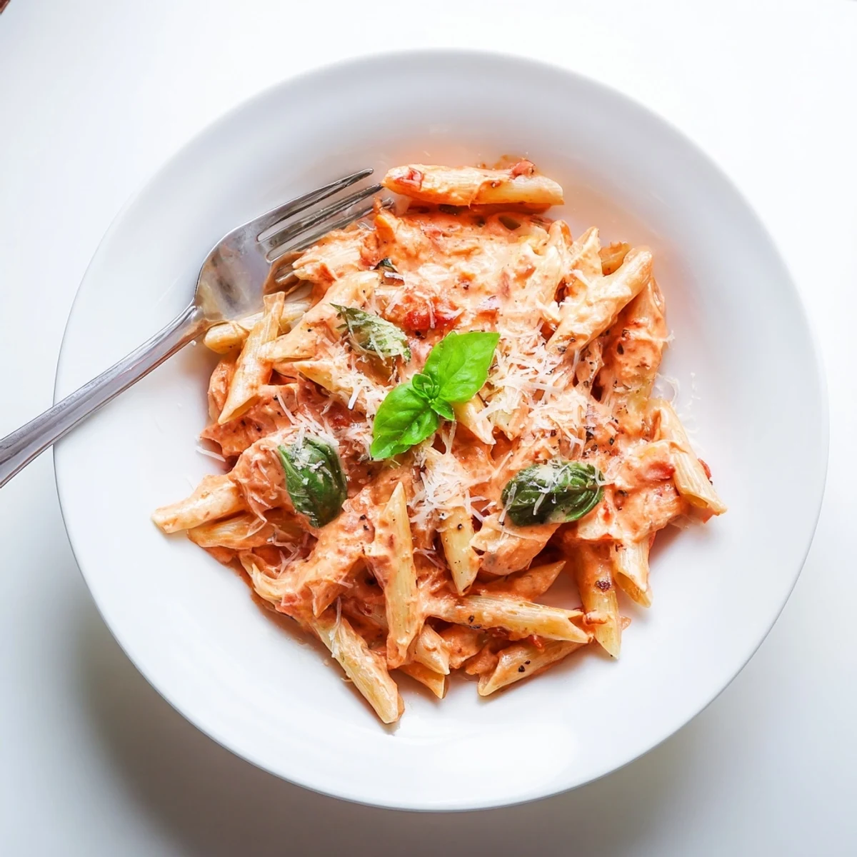 Close-up view of Creamy Tomato Basil Pasta, highlighting the vibrant red tomato sauce flecked with fresh green basil.