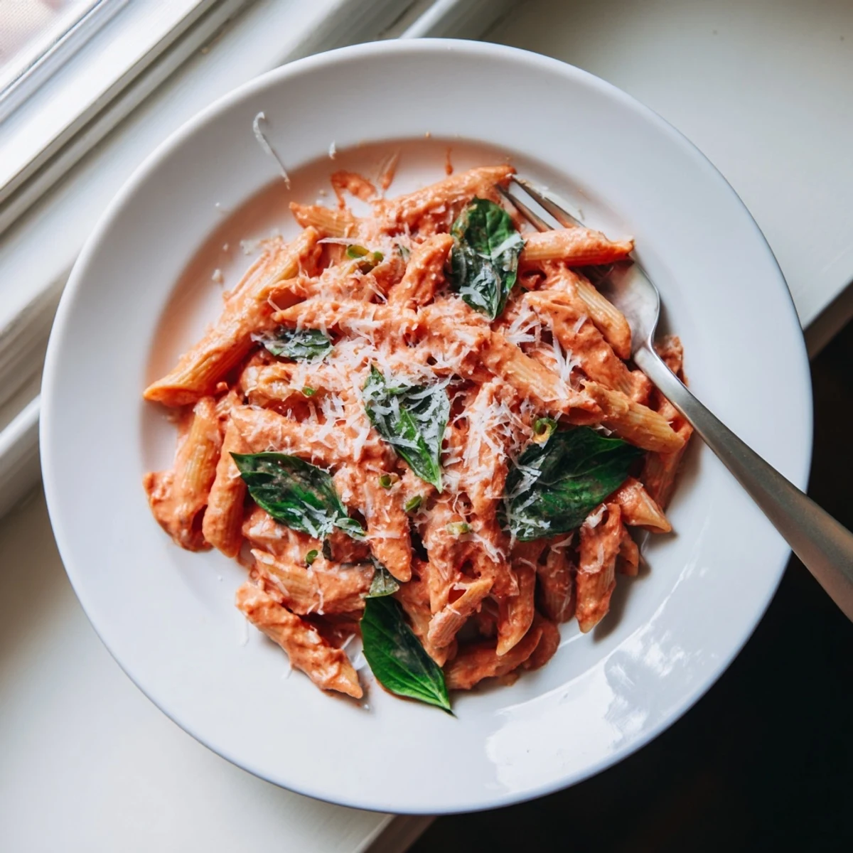 A skillet of simmering Creamy Tomato Basil Pasta with a rich, velvety sauce clinging to each al dente penne noodle.  