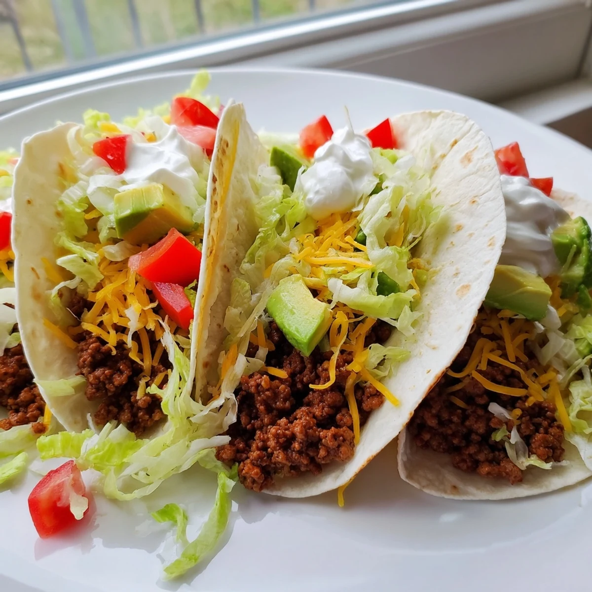 Warm soft flour tortillas filled with seasoned ground beef, topped with shredded lettuce, diced tomatoes, and melted cheddar cheese.