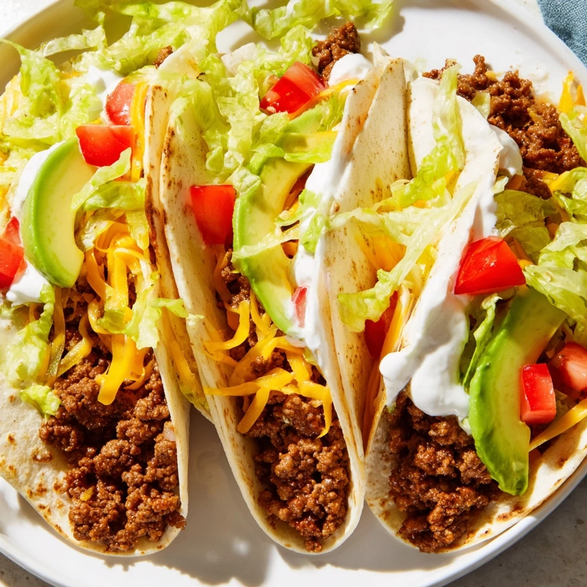 Juicy, spice-rubbed beef filling nestled in pliable tortillas, garnished with creamy avocado slices and a dollop of tangy sour cream.