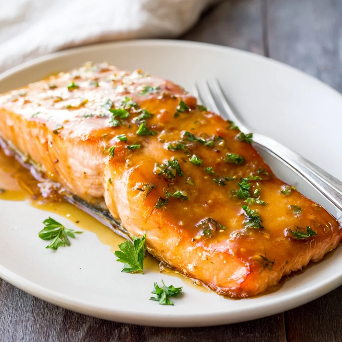 Freshly baked salmon fillets with a glossy maple glaze, garnished with herbs and served with lemon wedges on a rustic plate.  