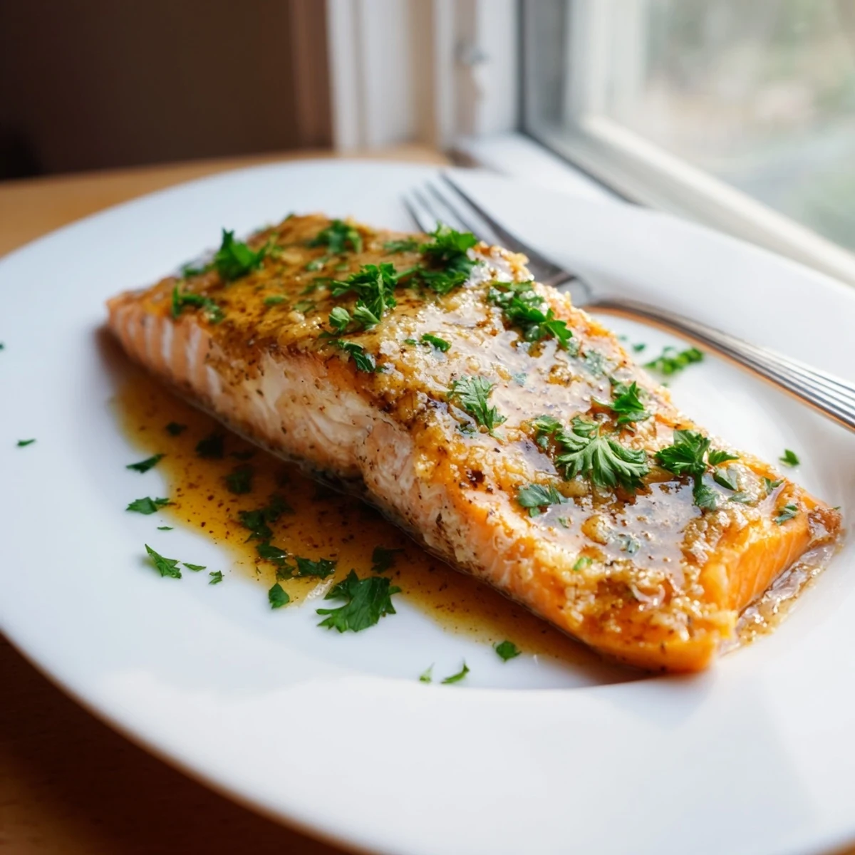 A close-up of Baked Salmon with Maple Glaze, showing flaky interior and caramelized edges on a baking sheet.  