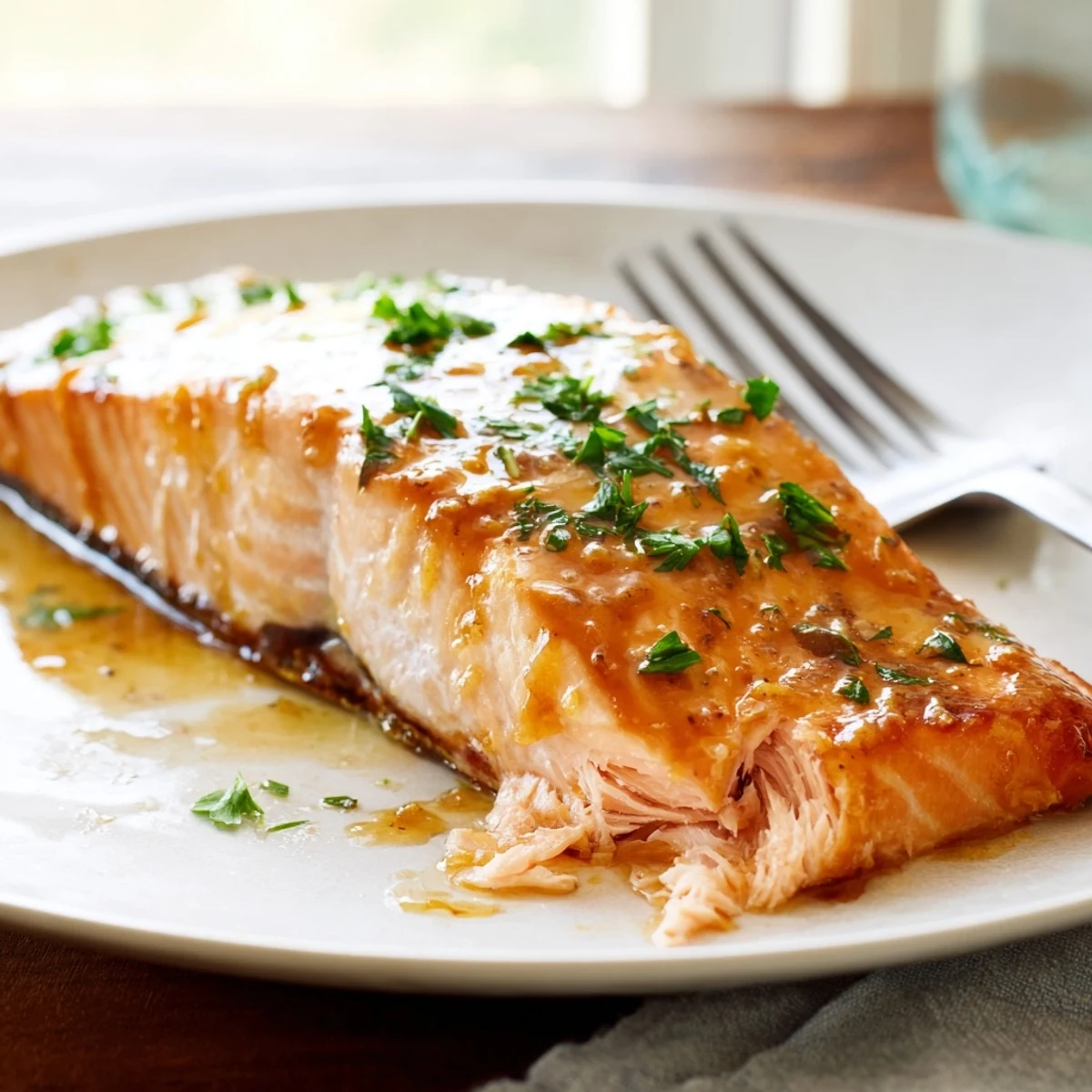 Golden-brown Baked Salmon with Maple Glaze garnished with parsley, paired with roasted vegetables on a white serving dish.