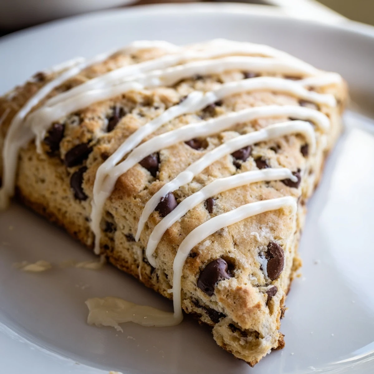 A close-up of warm Chocolate Chip Scones with melty chocolate chips and vanilla glaze.