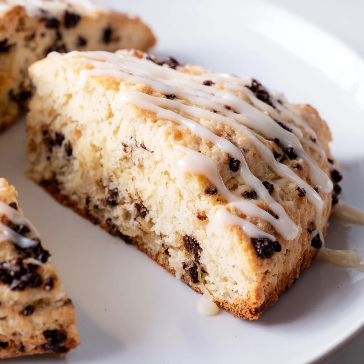 Freshly baked Chocolate Chip Scones with glaze on a white plate, perfect for breakfast.