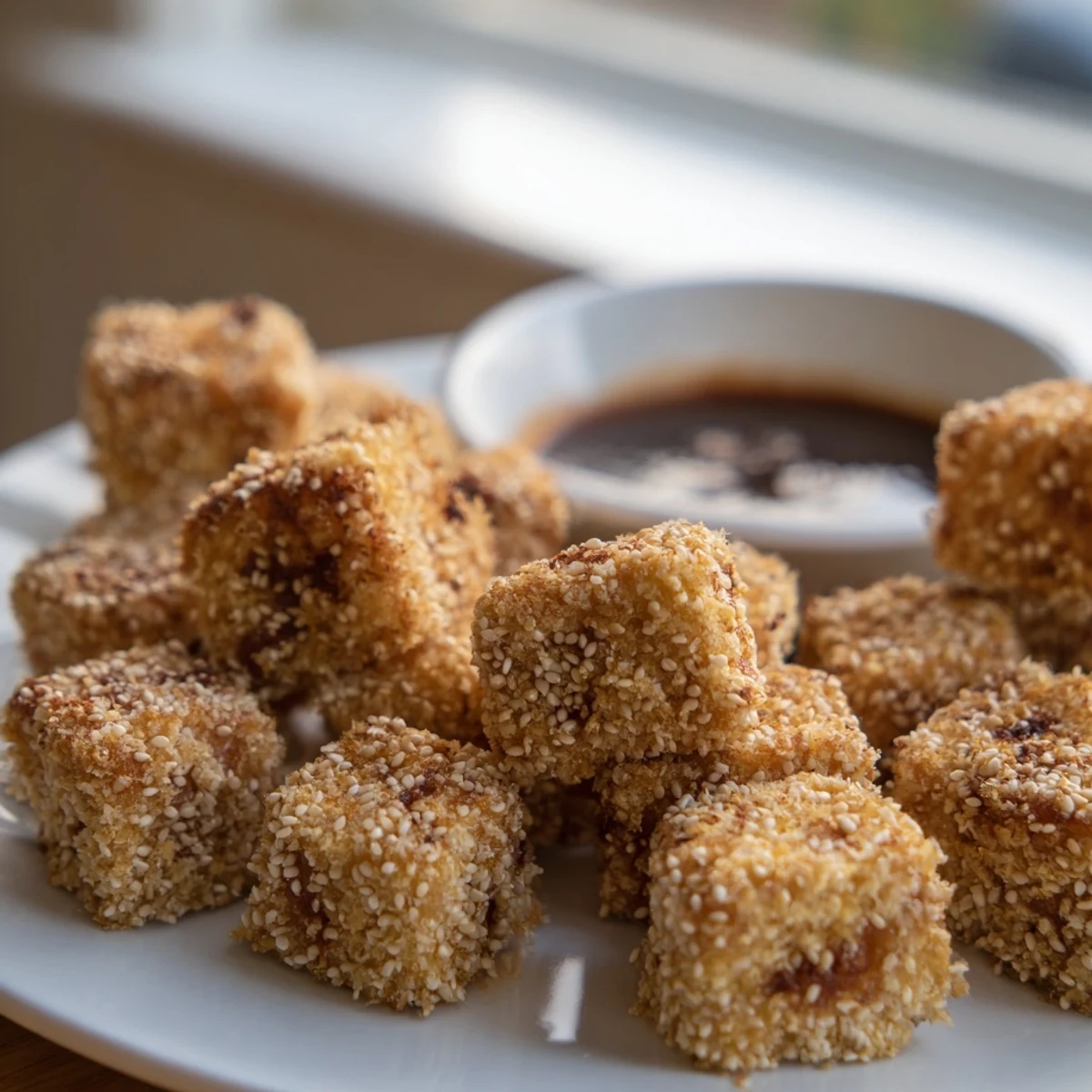 Crispy Tofu Bites with Dipping Sauce are golden-brown cubes arranged neatly beside a small bowl of savory, tangy sauce.