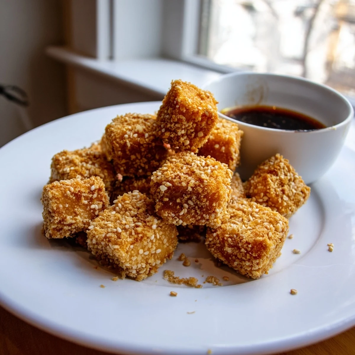 A close-up of Crispy Tofu Bites with Dipping Sauce highlights the crunchy coating and vibrant sesame seeds, ready to be served hot.