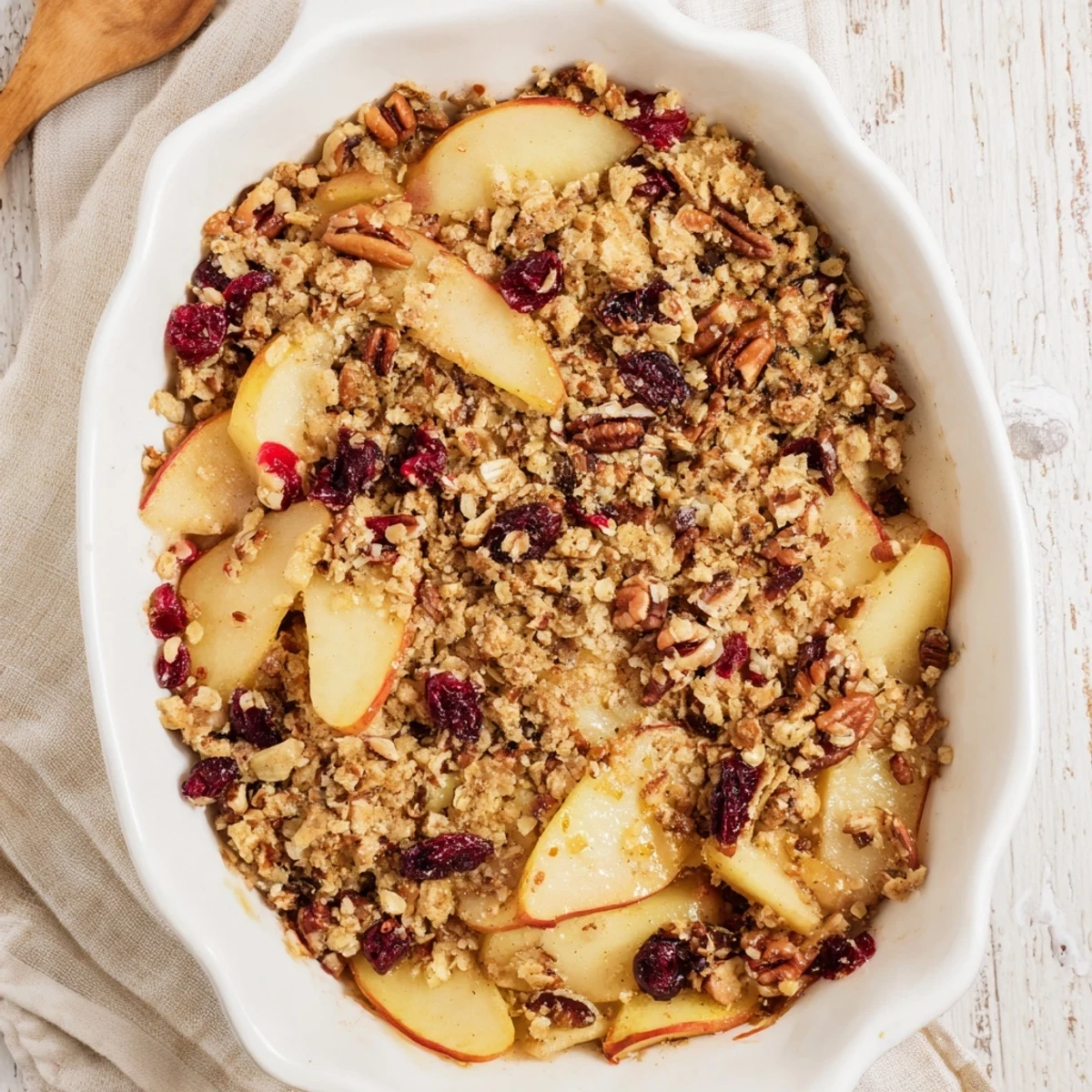 Golden-brown Winter Fruit Crisp with Topping bubbling in a baking dish, served warm with a scoop of vanilla ice cream melting on top.  