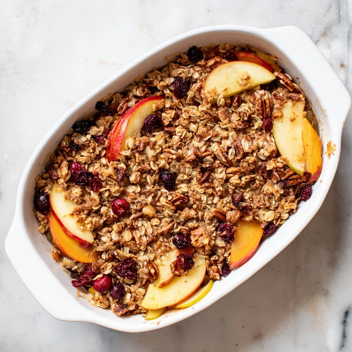 A close-up view of Winter Fruit Crisp with Topping revealing chunky baked apples, pears, and cranberries under a crunchy oat topping.  