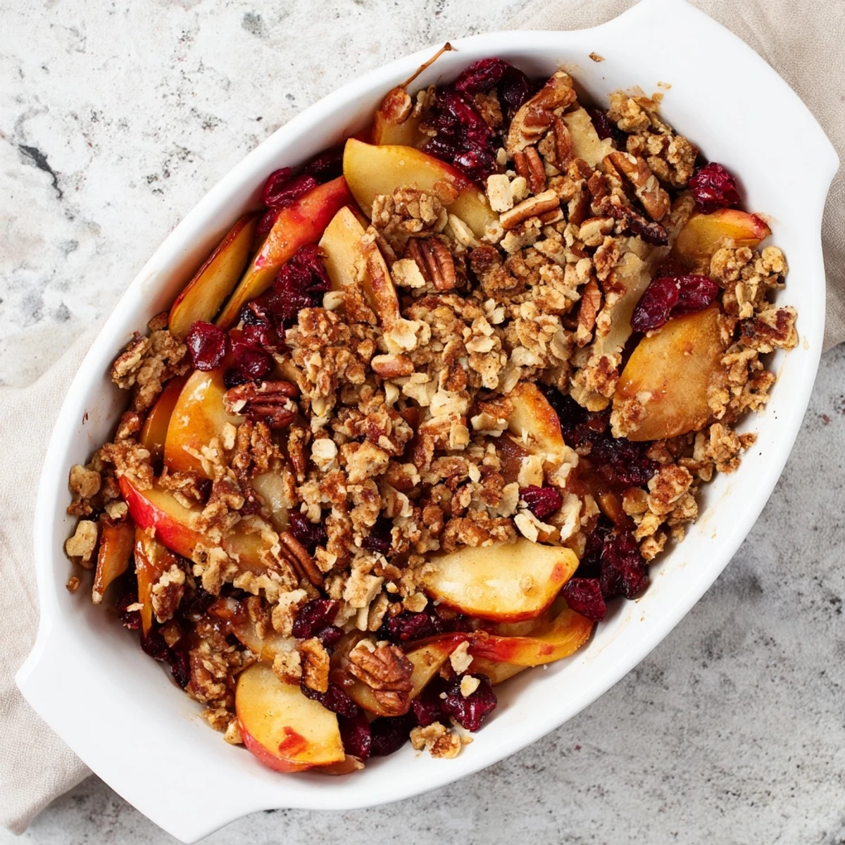 Winter Fruit Crisp with Topping cooling on a wooden table, ready for a cozy dessert served with whipped cream or ice cream.