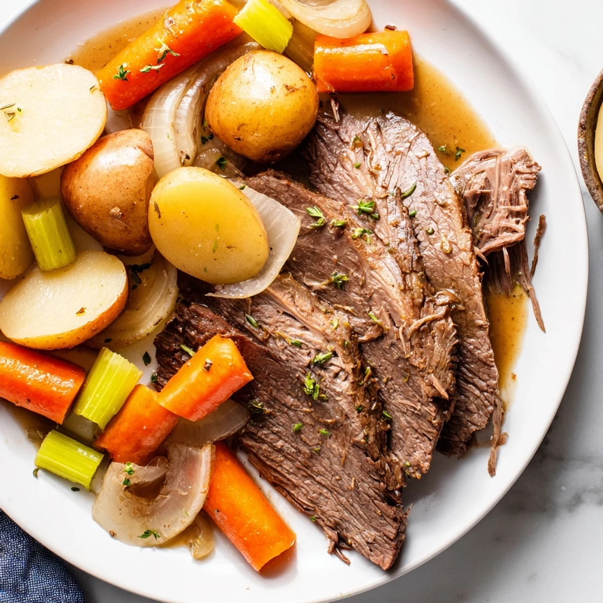 Tender shredded Slow Cooker Pot Roast with Carrots, served alongside soft potatoes and aromatic herbs.