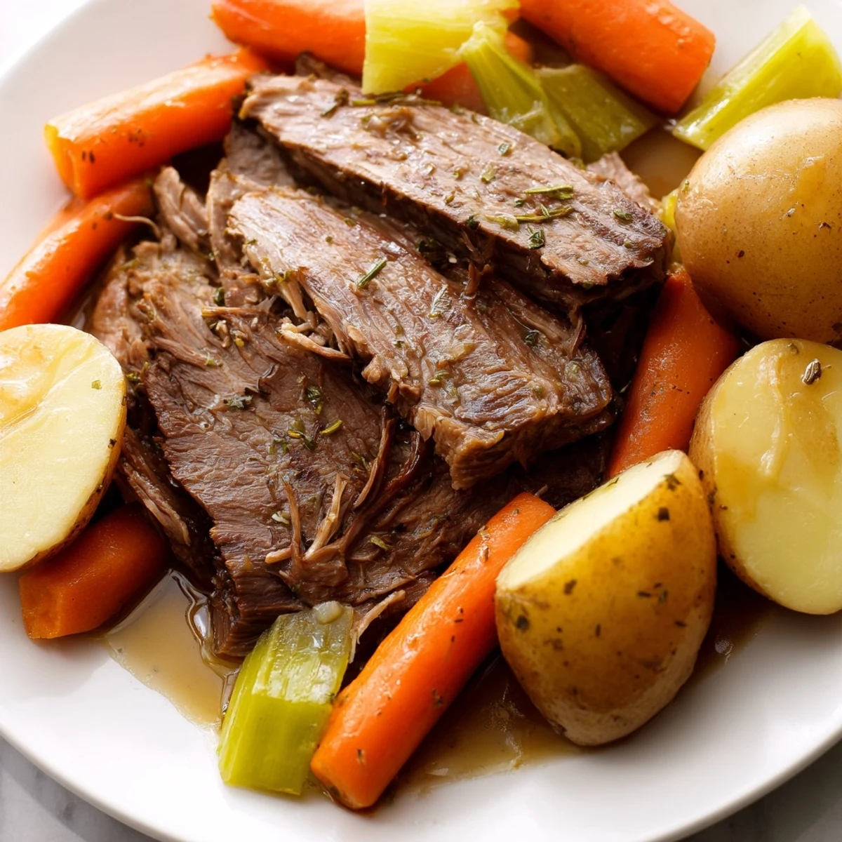 Hearty Slow Cooker Pot Roast with Carrots rests on a plate, drizzled with rich pan juices.