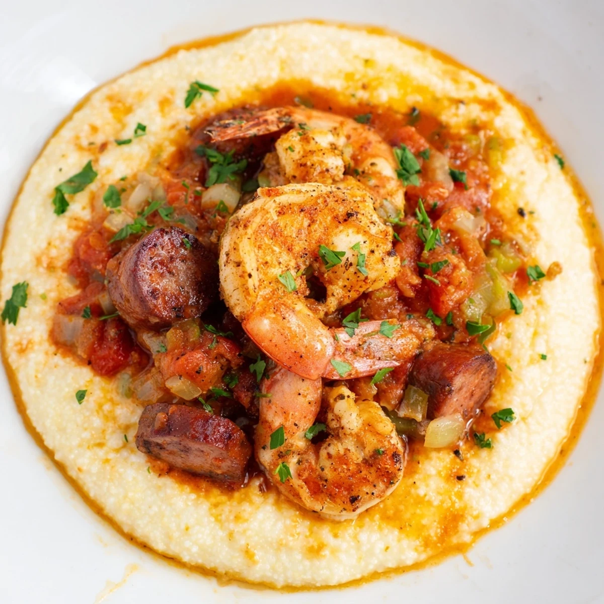 Creamy cheddar grits topped with spicy Creole shrimp andouille sausage and a rich tomato sauce.