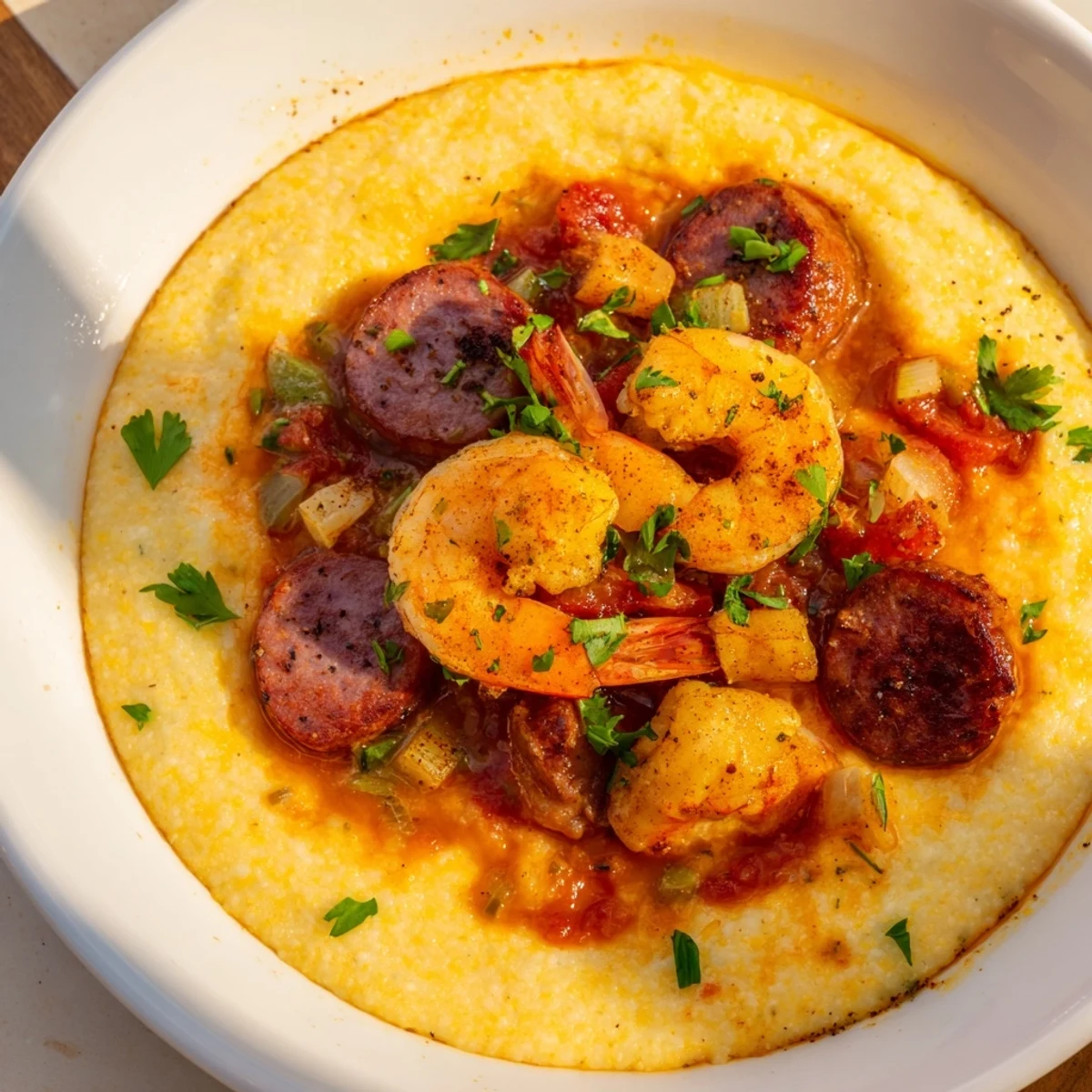 Golden Creole shrimp and grits served hot in a rustic bowl with fresh parsley garnish.