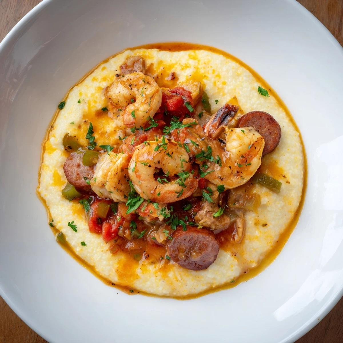 Savory Southern Creole shrimp and grits with bell peppers and onions in a thick, hearty sauce.