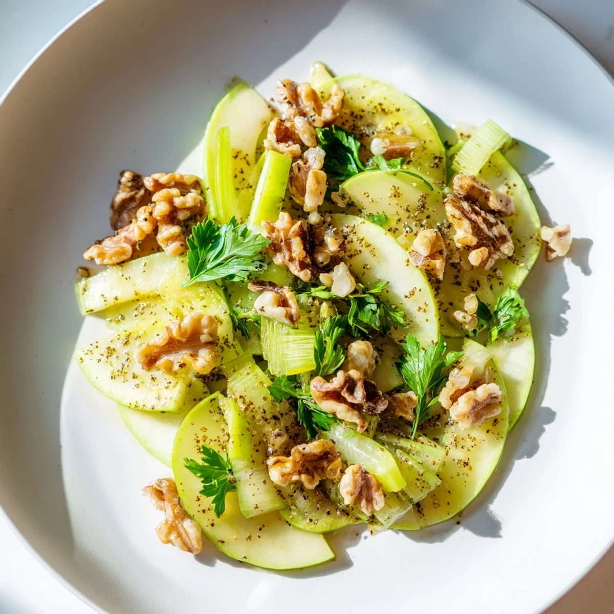 A bright bowl of Green Apple and Celery Salad tossed with walnuts, ready to serve as a refreshing side dish.