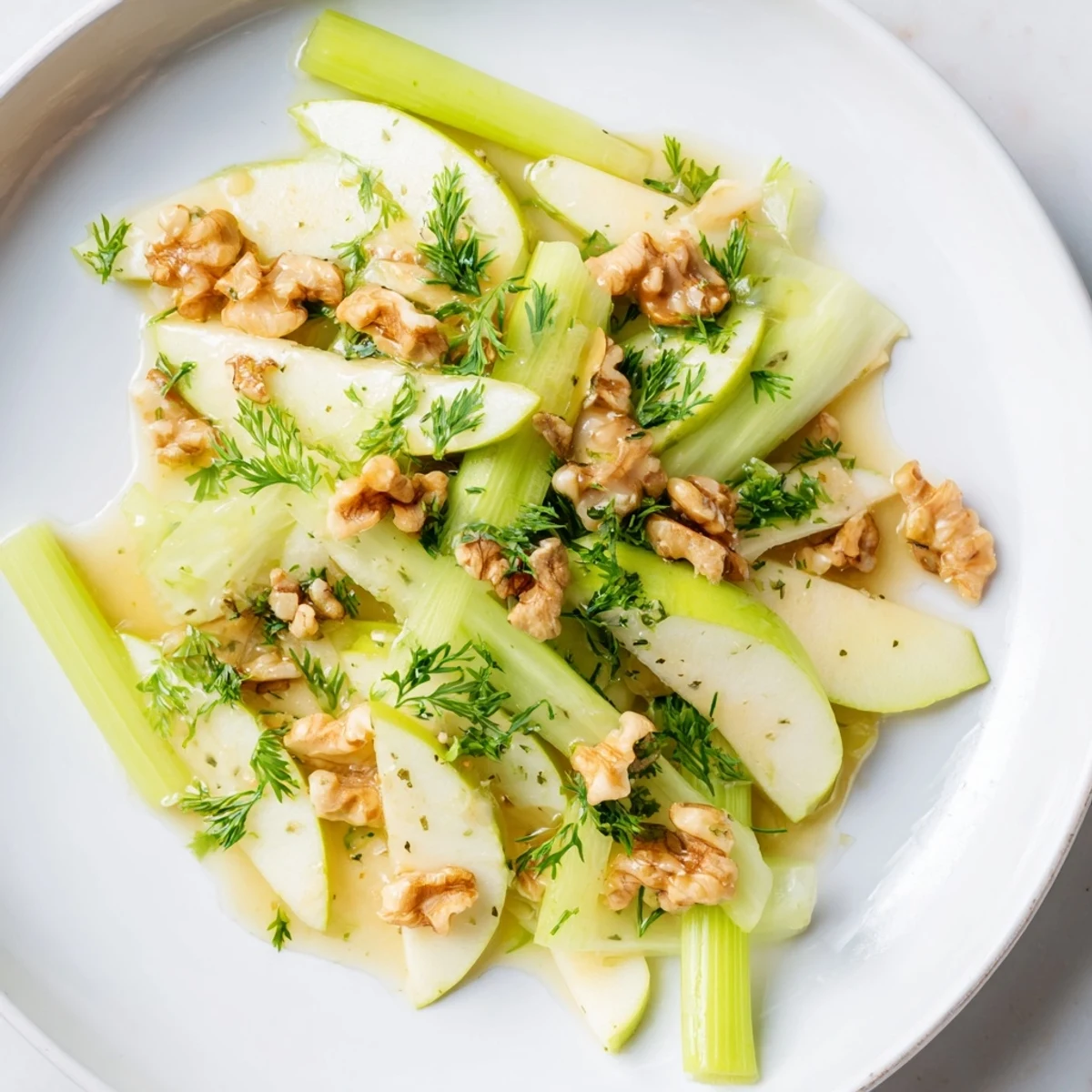 Sliced green apples and celery in Green Apple and Celery Salad, drizzled with honey-lemon dressing, perfect for a light lunch.
