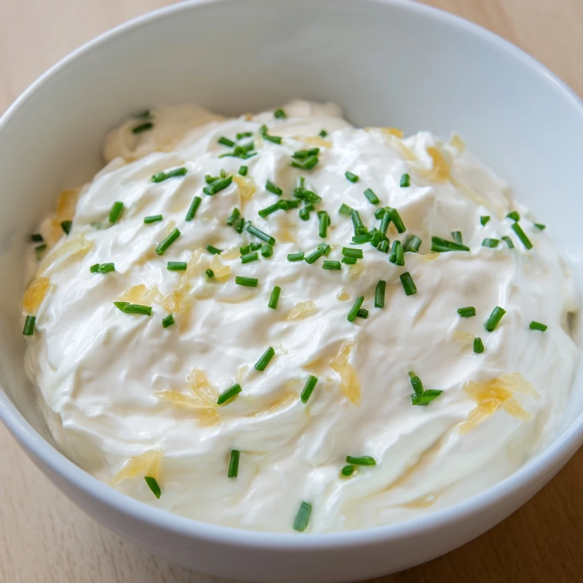A scoop of Game Day Onion Dip on a chip with chives, ready for a party platter.