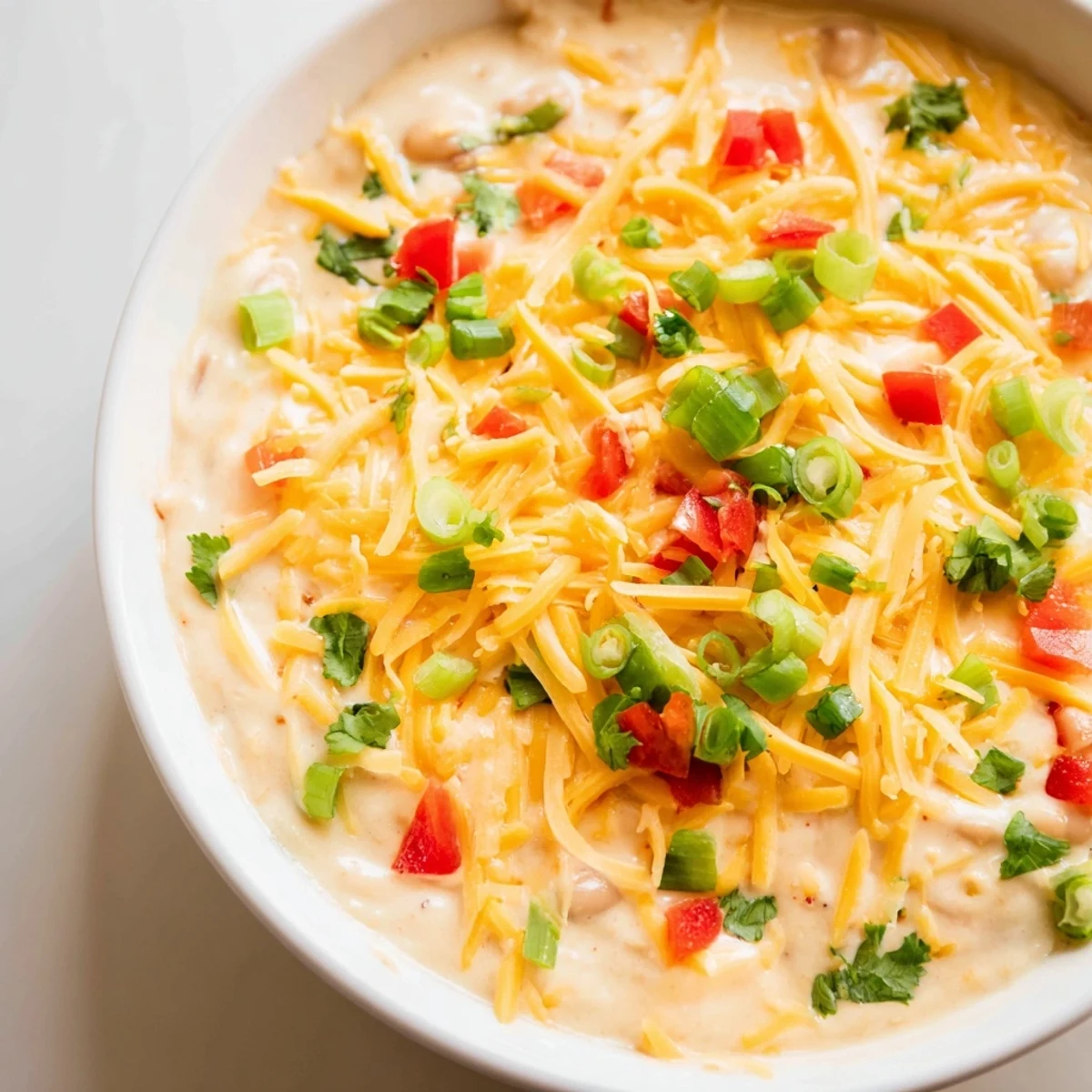 Golden, bubbly Championship Bean Dip garnished with fresh cilantro and diced tomatoes in a white dish.