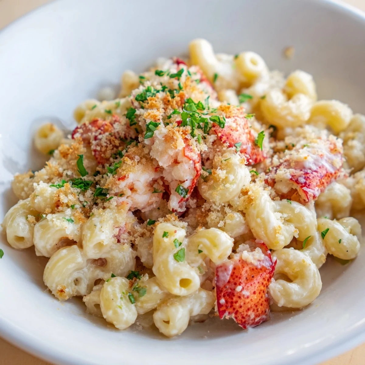Golden, bubbly Romantic Lobster Mac and Cheese served in a baking dish garnished with fresh parsley.