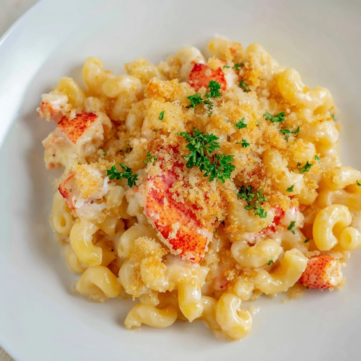 Romantic Lobster Mac and Cheese topped with panko breadcrumbs, fresh parsley, and served for a special dinner.