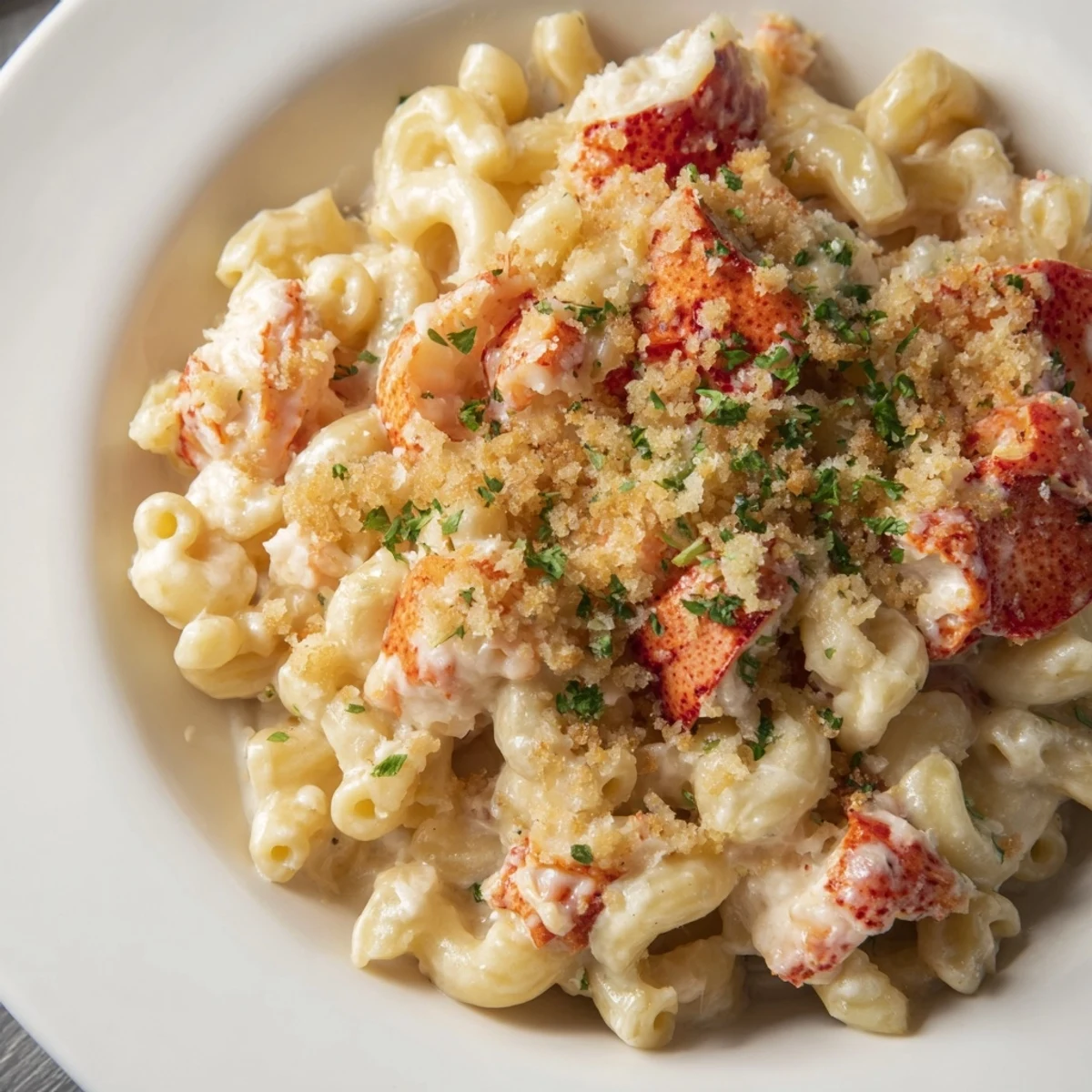 A spoon lifts a creamy portion of Romantic Lobster Mac and Cheese, revealing tender lobster chunks and melted cheese.