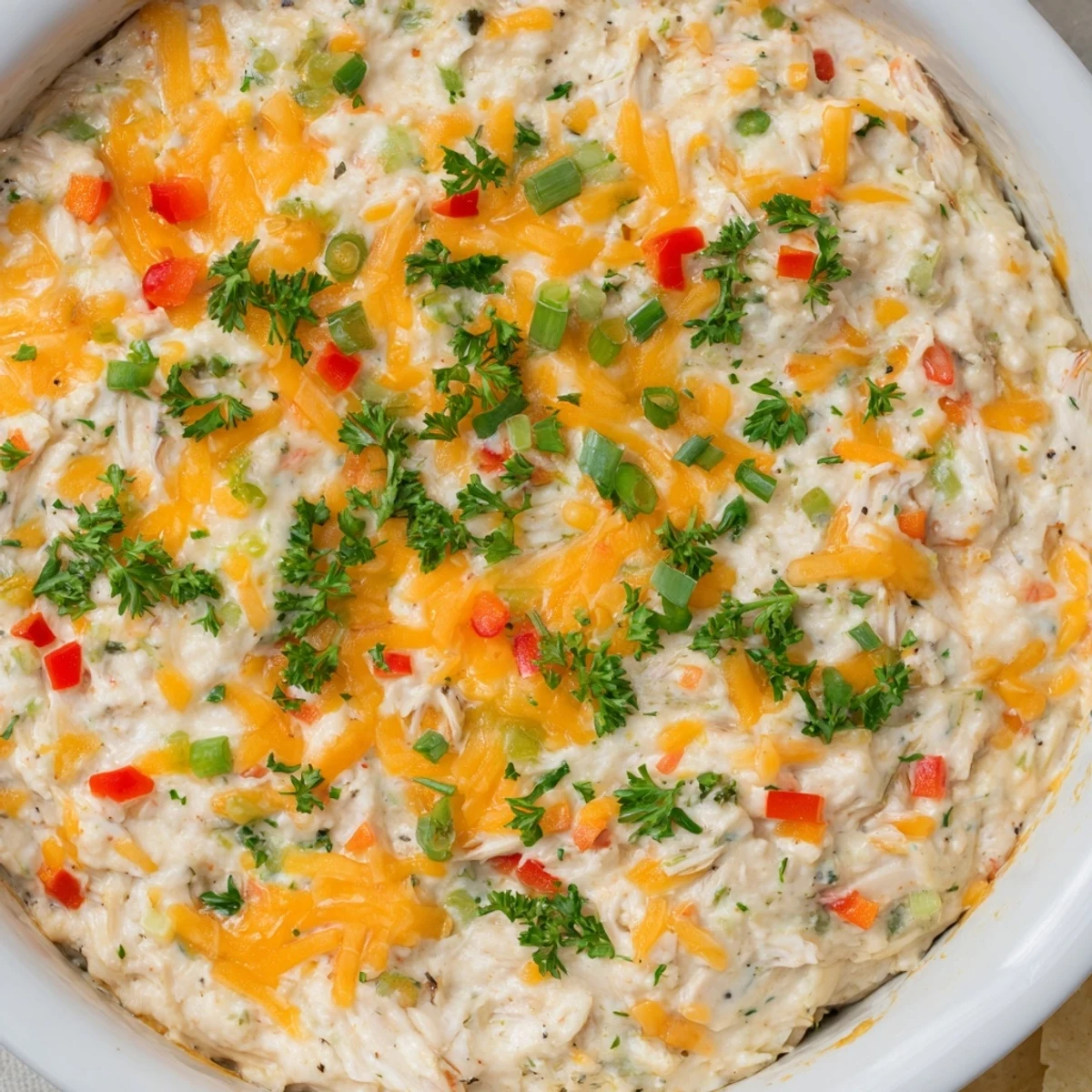 Creamy Mardi Gras Crab Dip in a rustic baking dish, topped with fresh parsley and diced red peppers, ready to serve with crunchy crackers for a Mardi Gras celebration.