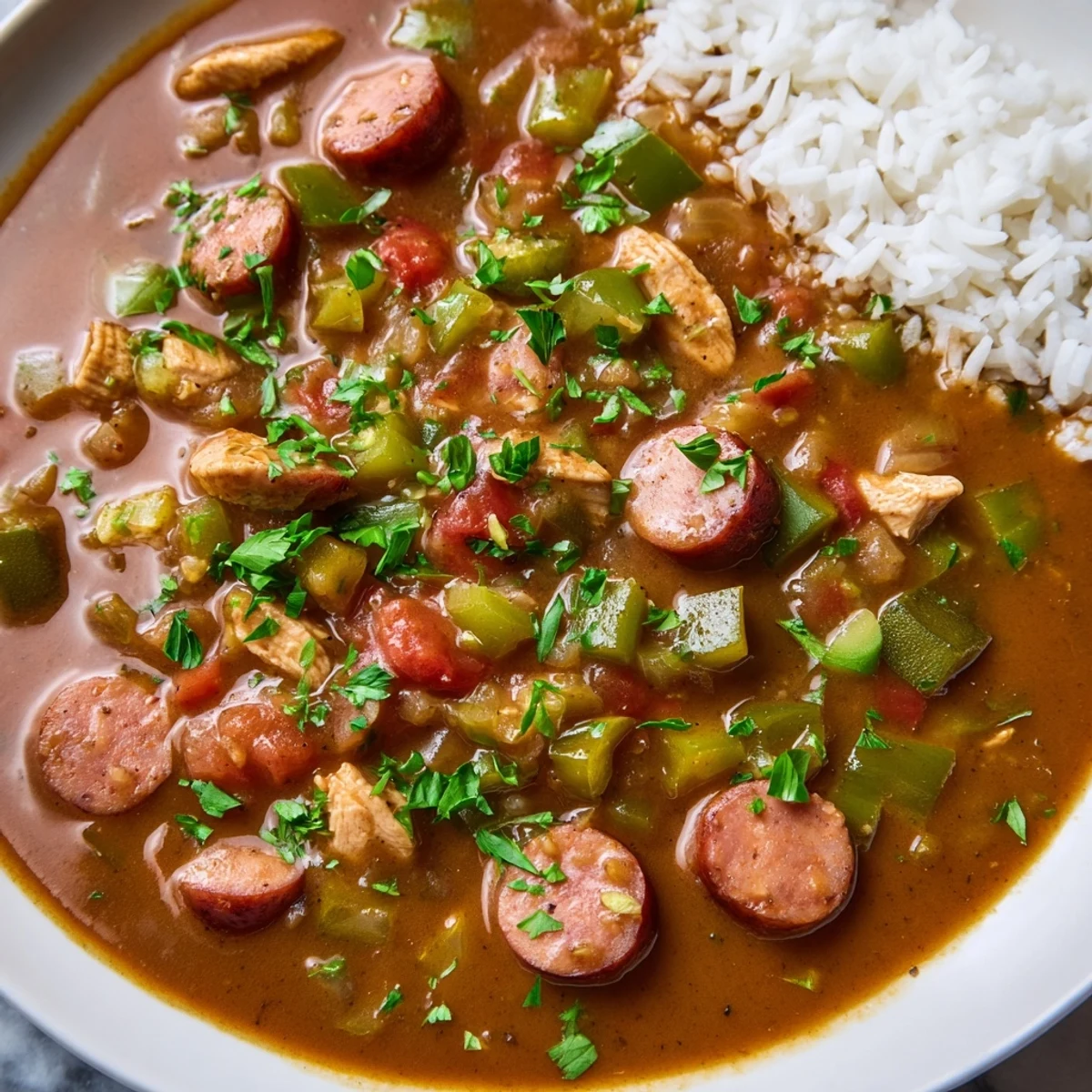 A hearty spoonful of Louisiana Gumbo with Turkey Sausage reveals tender okra and rich broth.