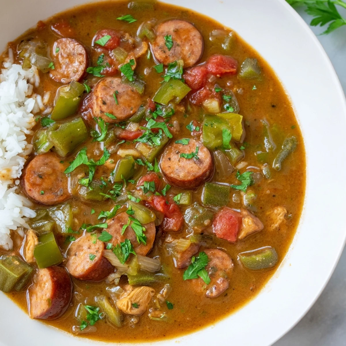 Steaming Louisiana Gumbo with Turkey Sausage served over fluffy white rice in a rustic bowl.