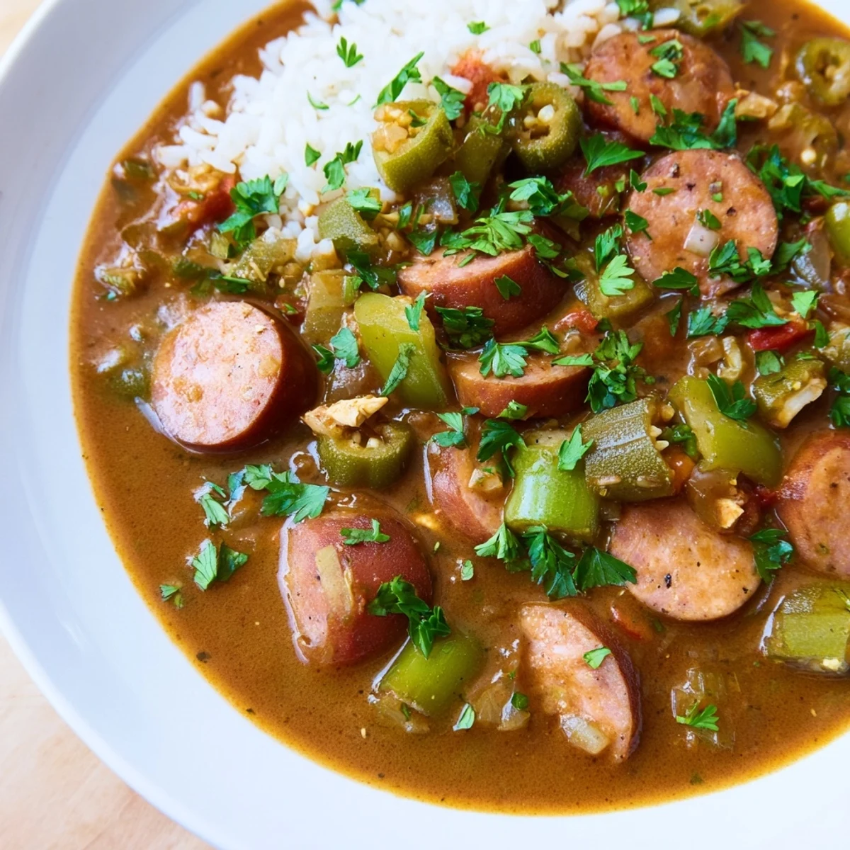 Louisiana Gumbo with Turkey Sausage topped with fresh parsley beside crusty bread for dipping.